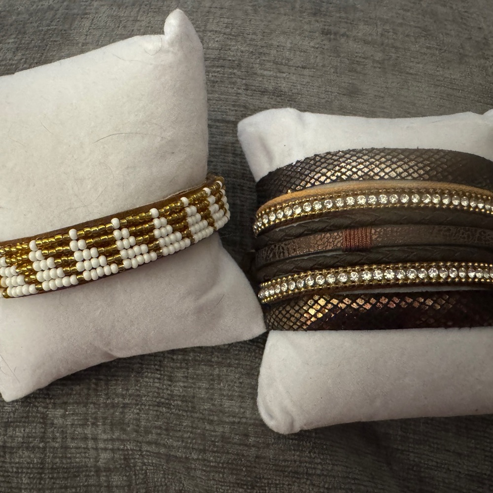 2 Gold and Brown Leather Beaded Bracelets Excellent Soft Condition. WESTERN GLAM